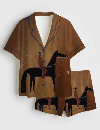 Lasso Rider Brown Horse Women's Pajama Set - flat lay