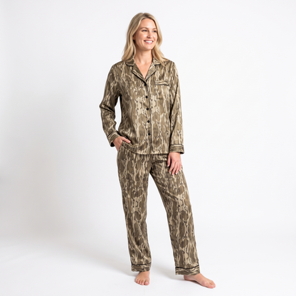 Duck Season Camo Women's Pajama Set - Vintage Brown Camo - long sleeve and pants