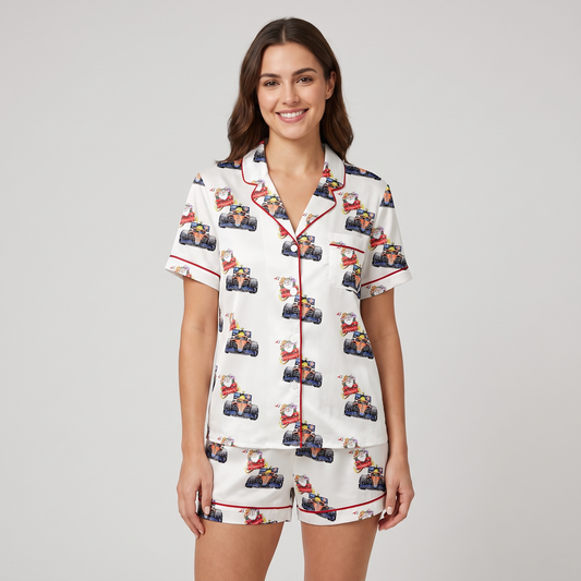 Racing Red Christmas Women's Pajama Set - short sleeve and shorts