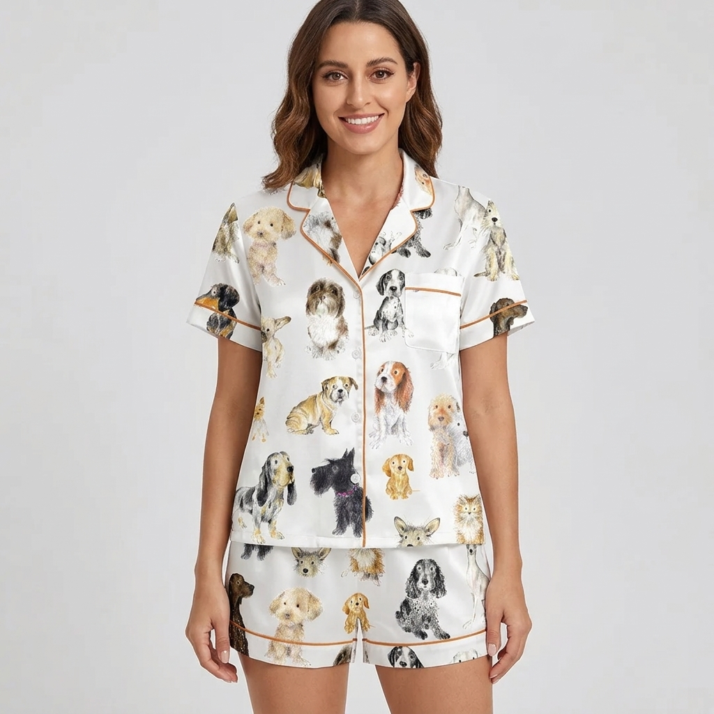 Women's satin pajama set with watercolor spaniels, terriers and whippets of many breeds on white - short sleeve and shorts