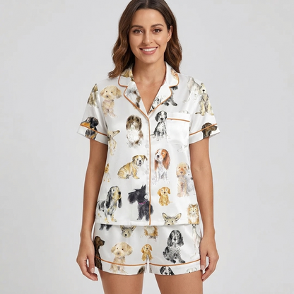 Women's satin pajama set with watercolor spaniels, terriers and whippets of many breeds on white - short sleeve and shorts