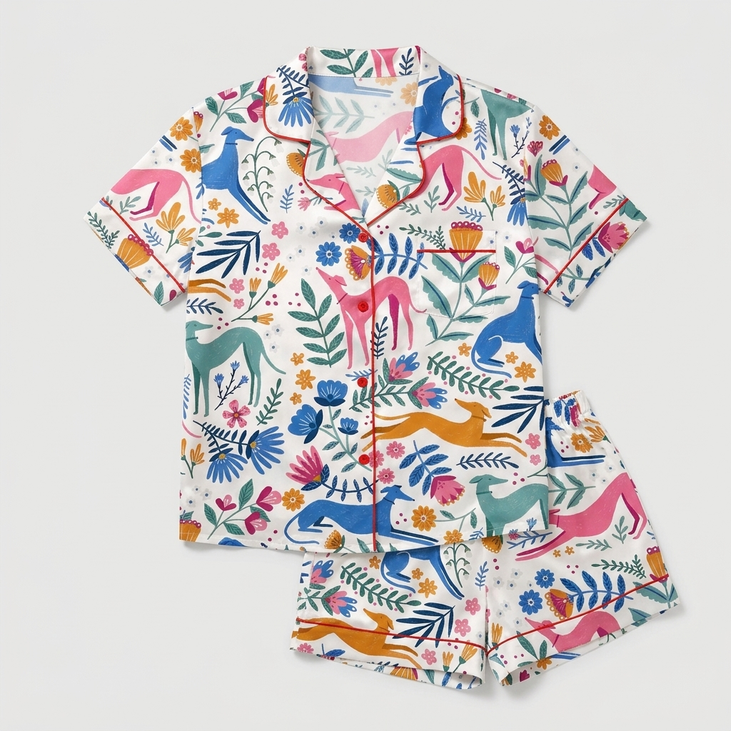 Women's satin pajama set with colorful whippets leaping through a folk-art garden of tulips on white - flat lay