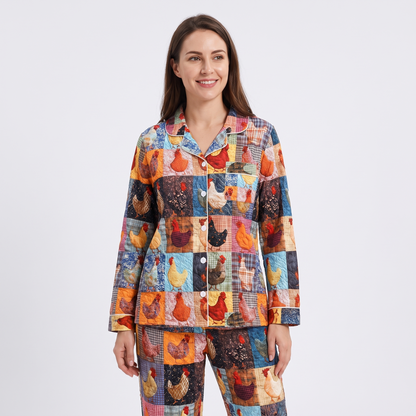 Patchwork Hens Women's Pajama Set - Multicolor - long sleeve and pants