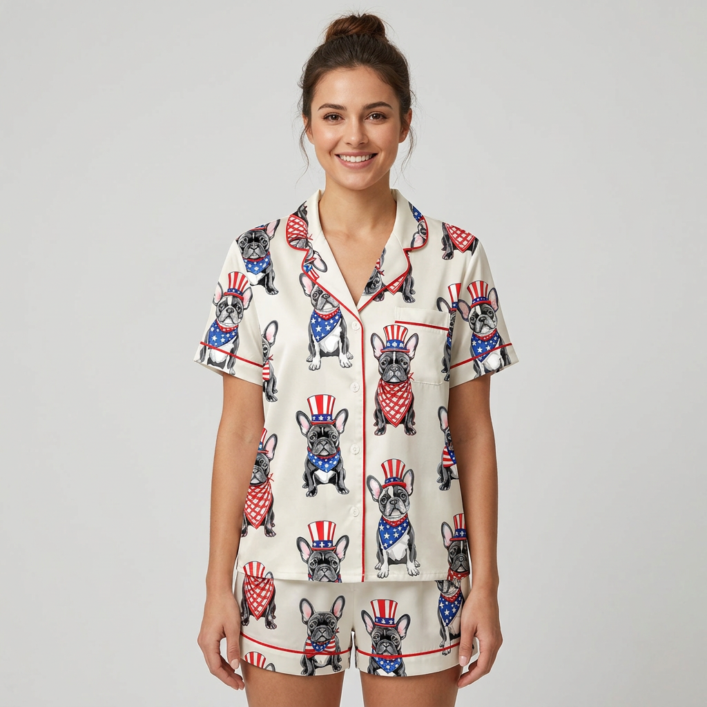 Women's satin pajama set with black French bulldogs in red, white and blue top hats and star bandanas on white - short sleeve and shorts