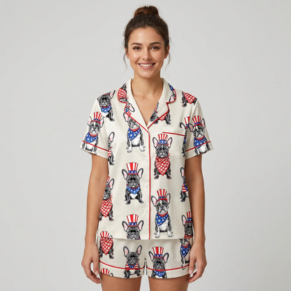 Women's satin pajama set with black French bulldogs in red, white and blue top hats and star bandanas on white - short sleeve and shorts