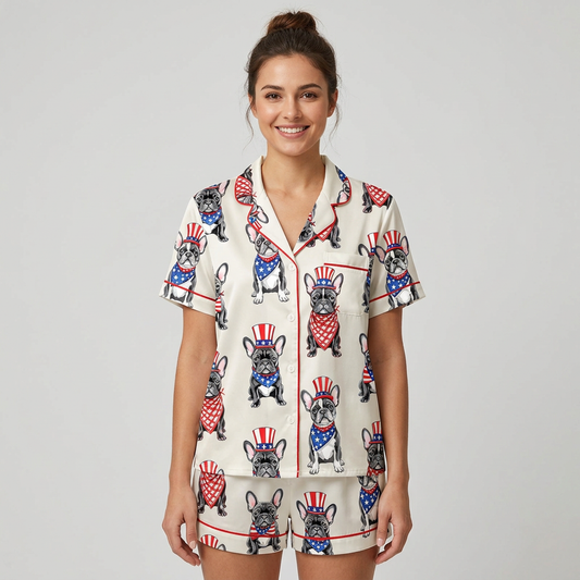 Women's satin pajama set with black French bulldogs in red, white and blue top hats and star bandanas on white - short sleeve and shorts