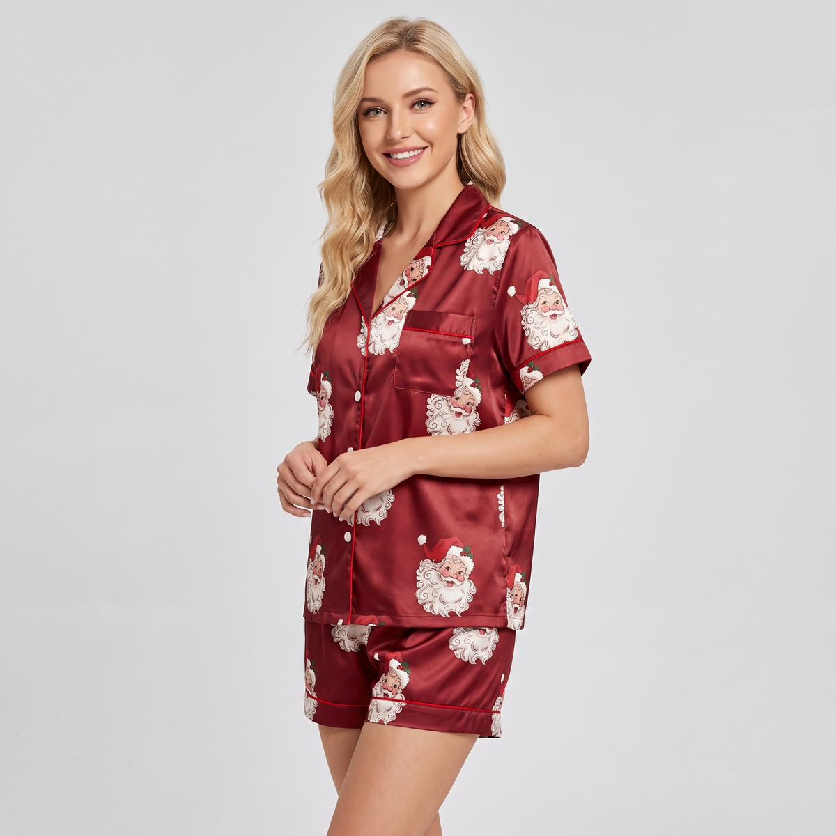 Vintage Burgundy Santa Women's Pajama Set - short sleeve and shorts