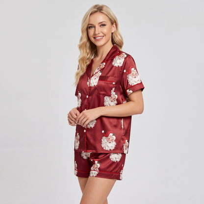 Vintage Burgundy Santa Women's Pajama Set - short sleeve and shorts