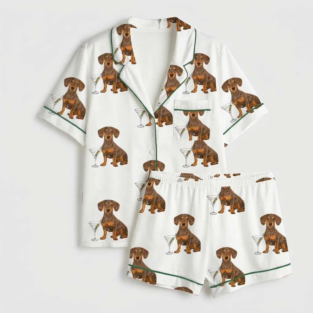 Women's satin pajama set with dachshunds beside martini glasses with olives on white with green piping - flat lay