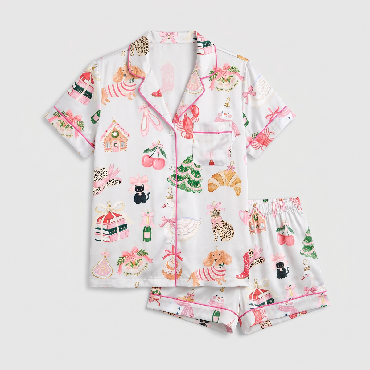 Whimsy Christmas Pets Women's Pajama Set - flat lay