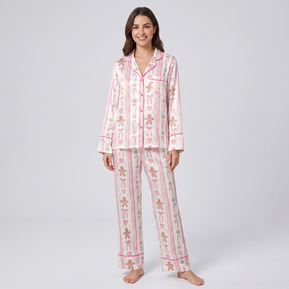 Pink Gingerbread Stripes Women's Pajama Set - long sleeve and pants