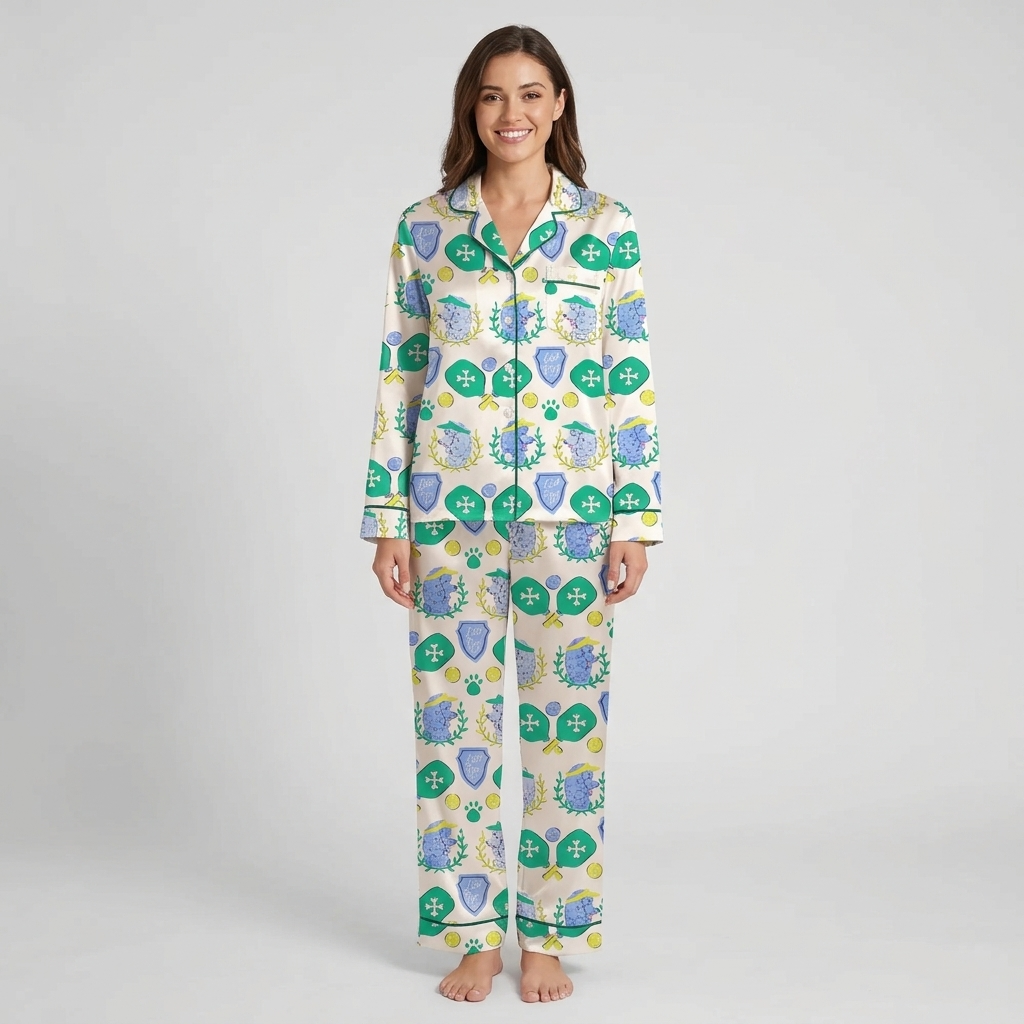 Women's satin pajama set with blue poodles with pickleball paddles and visors on cream - long sleeve and pants