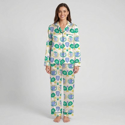 Women's satin pajama set with blue poodles with pickleball paddles and visors on cream - long sleeve and pants