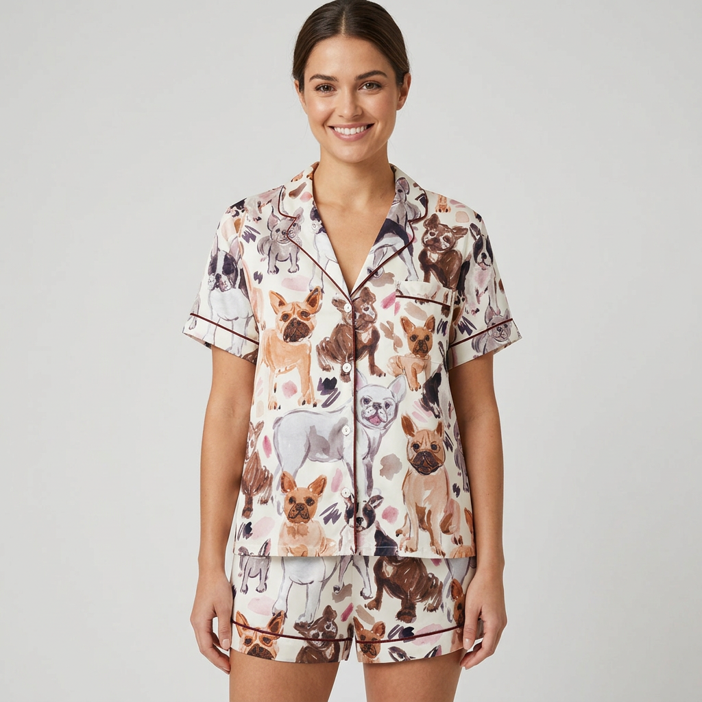 Women's satin pajama set with watercolor French bulldogs in fawn, brindle and black-and-white on white - short sleeve and shorts