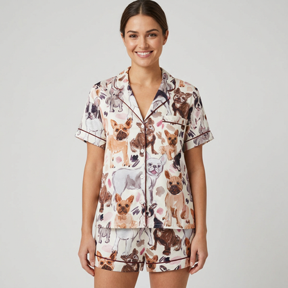Women's satin pajama set with watercolor French bulldogs in fawn, brindle and black-and-white on white - short sleeve and shorts