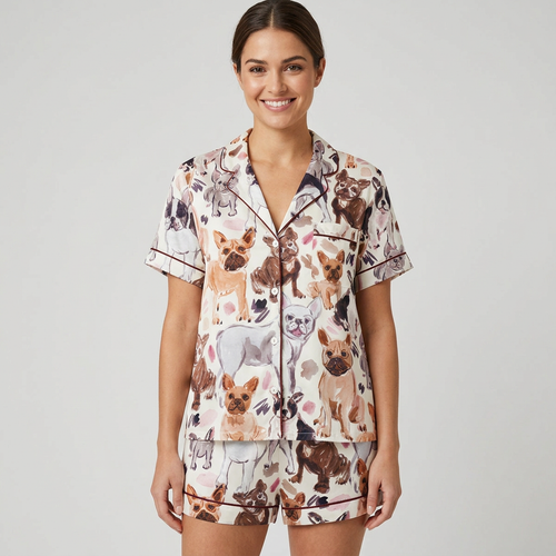 Women's satin pajama set with watercolor French bulldogs in fawn, brindle and black-and-white on white - short sleeve and shorts