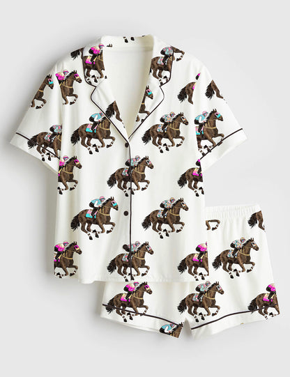 Pink Teal Silks Racing Horses Women's Pajama Set - flat lay