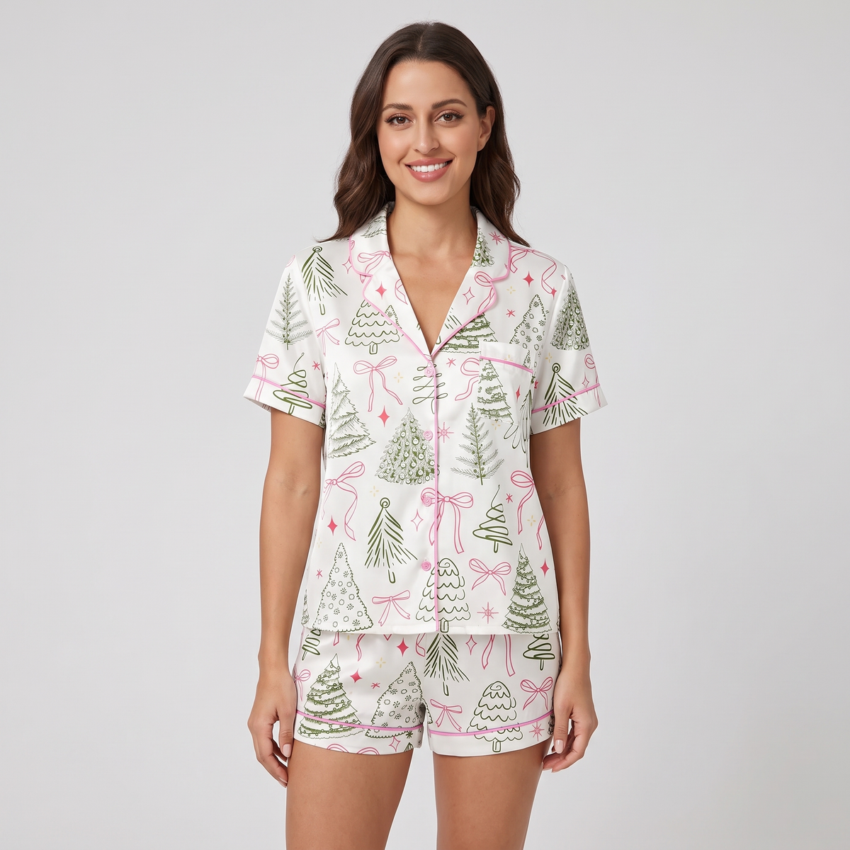 Preppy Bow Trees Women's Pajama Set - short sleeve and shorts