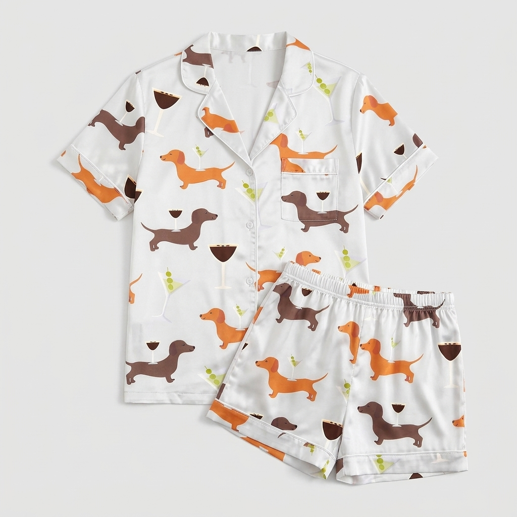 Women's satin pajama set with orange and brown dachshunds with wine glasses and martinis on white - flat lay