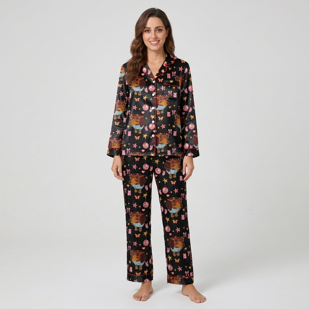 Sunglasses Dachshund Bows Women's Pajama Set - Black long sleeve and pants