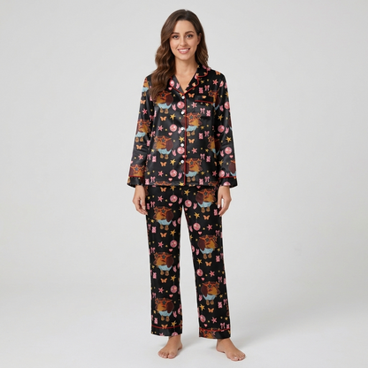 Sunglasses Dachshund Bows Women's Pajama Set - Black long sleeve and pants