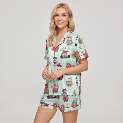 Christmas Sweater Cats Women's Pajama Set - short sleeve and shorts