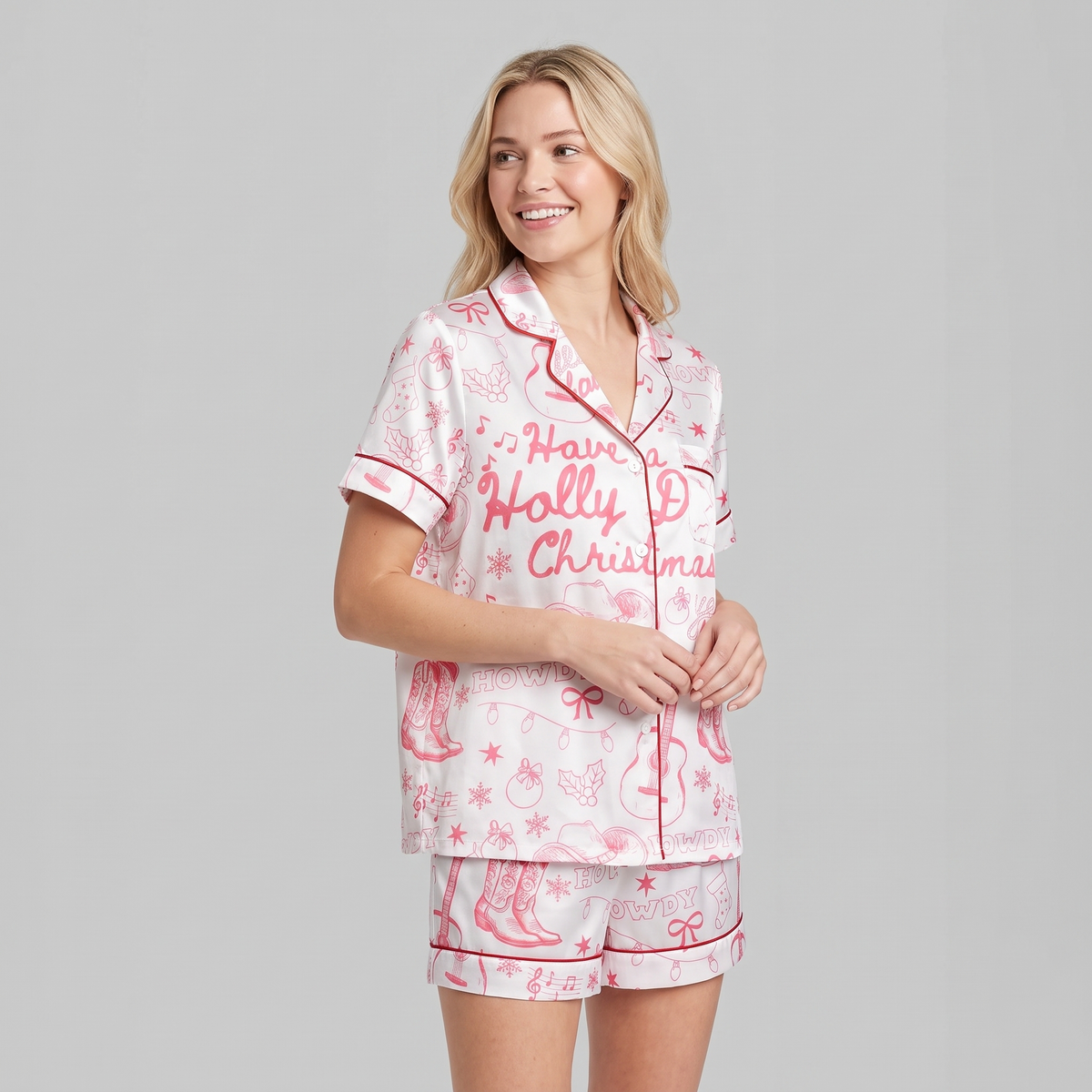 Pink Holly Dolly Women's Pajama Set - short sleeve and shorts