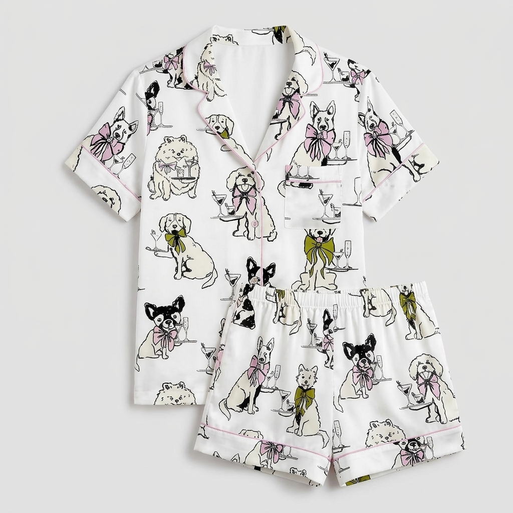 Women's satin pajama set with sketchy black-and-white dogs wearing pink and olive bows on white - flat lay