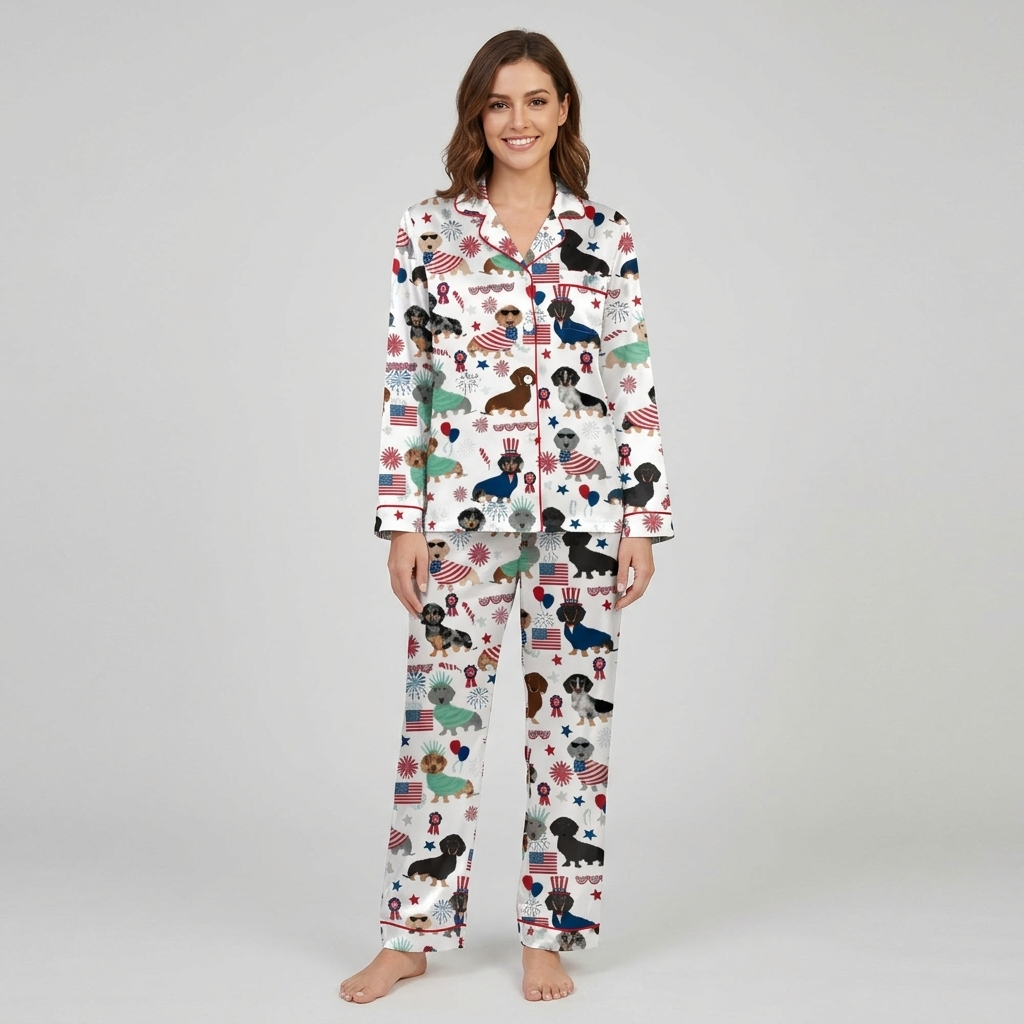 Women's satin pajama set with dachshunds in flag capes and Liberty crowns beside fireworks and stars on white - long sleeve and pants