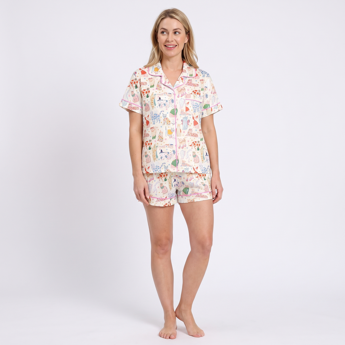 Fancy Cats Women's Pajama Set - Cream - short sleeve and shorts
