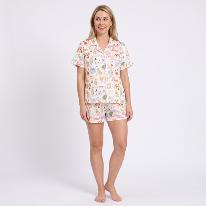 Fancy Cats Women's Pajama Set - Cream - short sleeve and shorts