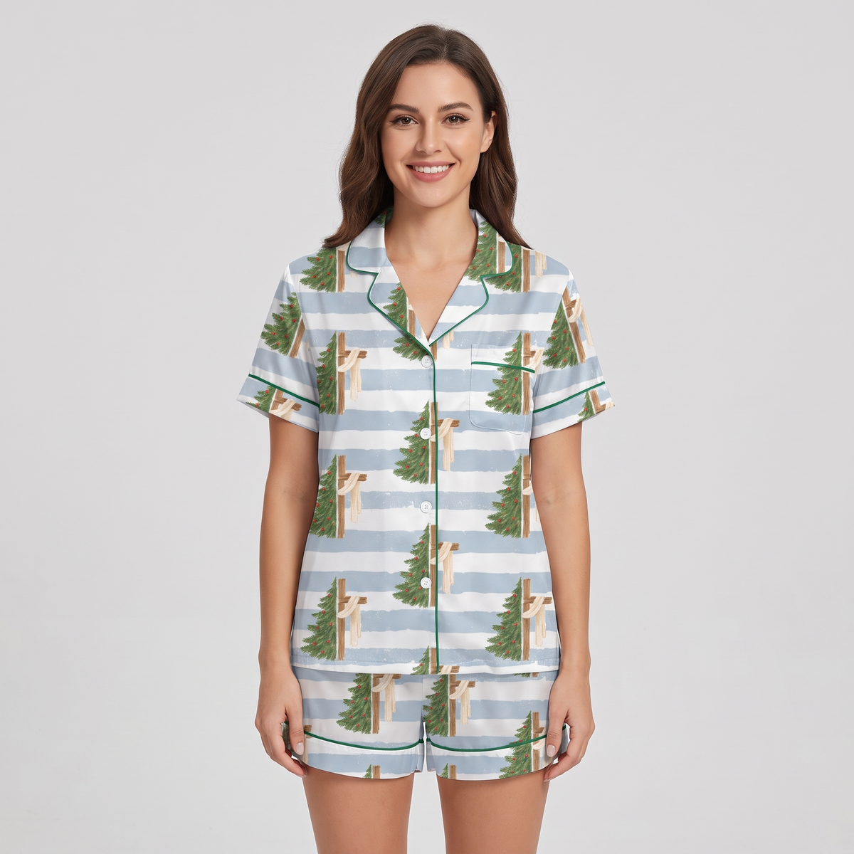 Blue Stripe Tree Cross Women's Pajama Set - Blue Stripe