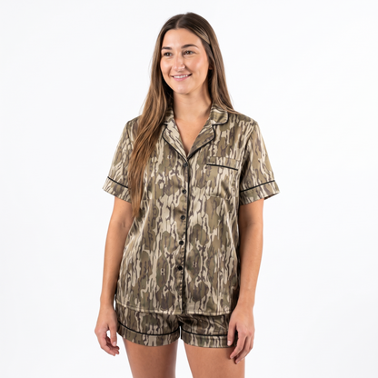 Duck Season Camo Women's Pajama Set - Vintage Brown Camo - short sleeve and shorts