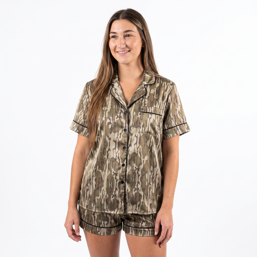 Duck Season Camo Women's Pajama Set - Vintage Brown Camo - short sleeve and shorts