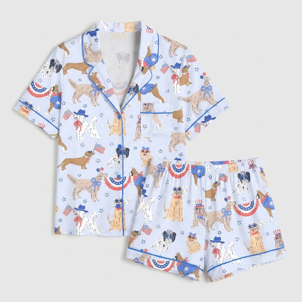 Women's satin pajama set with golden retrievers, a dalmatian and a bulldog in star hats on pale periwinkle - flat lay