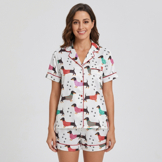 Women's satin pajama set with dachshunds in pink, teal and gray polka-dot sweaters trailing paw prints - short sleeve and shorts