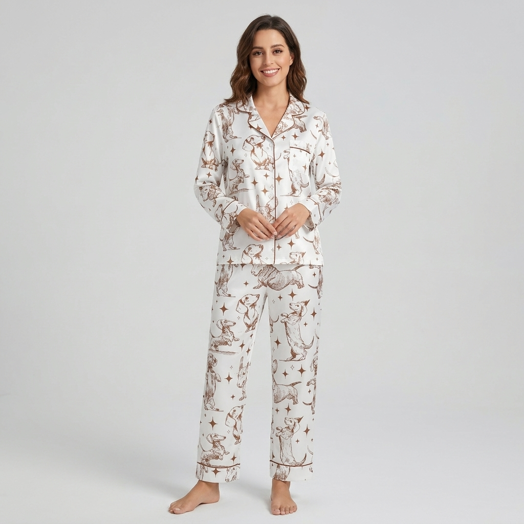 Women's long-sleeve satin pajama set with dachshunds among stars and crescent moons in brown line art on white - long sleeve and pants