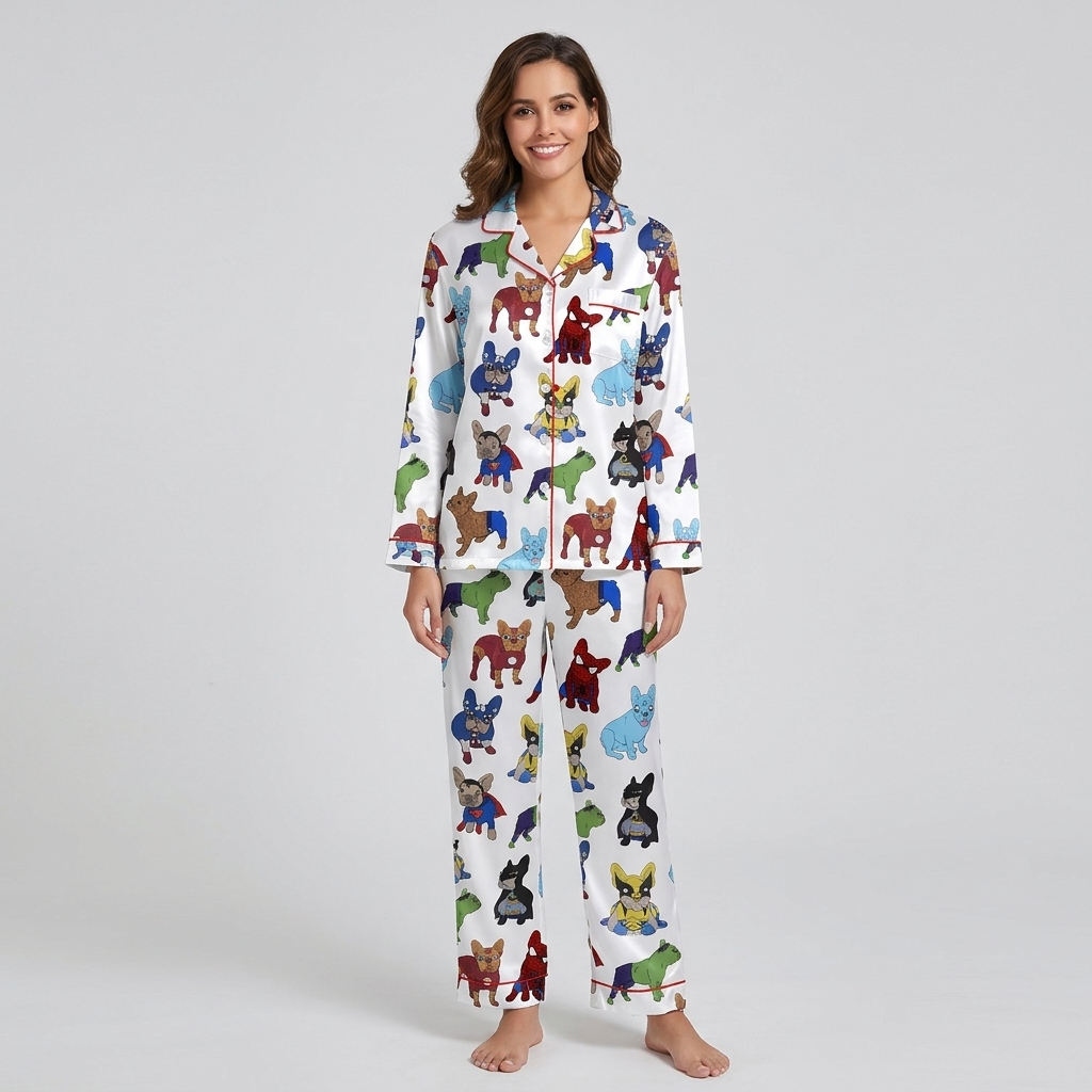 Women's satin pajama set with French bulldogs in capes and masks on white with red piping - long sleeve and pants