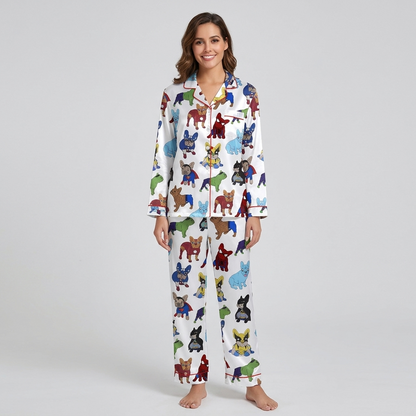 Women's satin pajama set with French bulldogs in capes and masks on white with red piping - long sleeve and pants