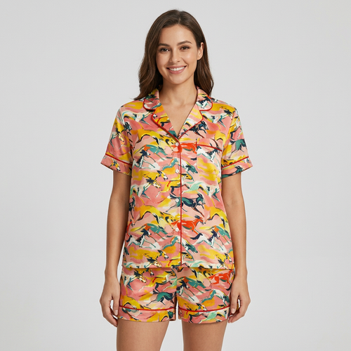 Women's satin pajama set with racing greyhounds in a retro swirl of coral, mustard, blush and green - short sleeve and shorts