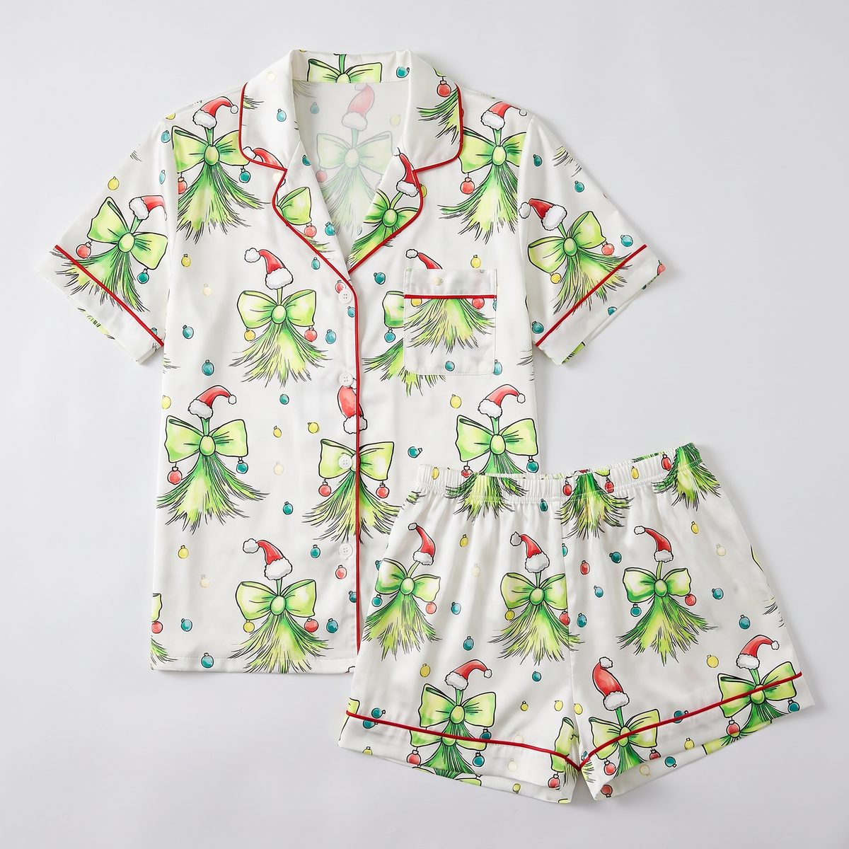 Santa Hat Green Bows Women's Pajama Set - flat lay