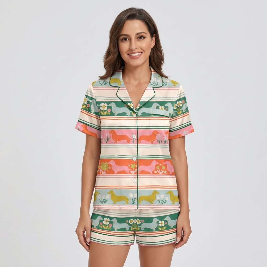 Women's satin pajama set with dachshunds in a Fair Isle style print of cream, orange, mint and pink - short sleeve and shorts