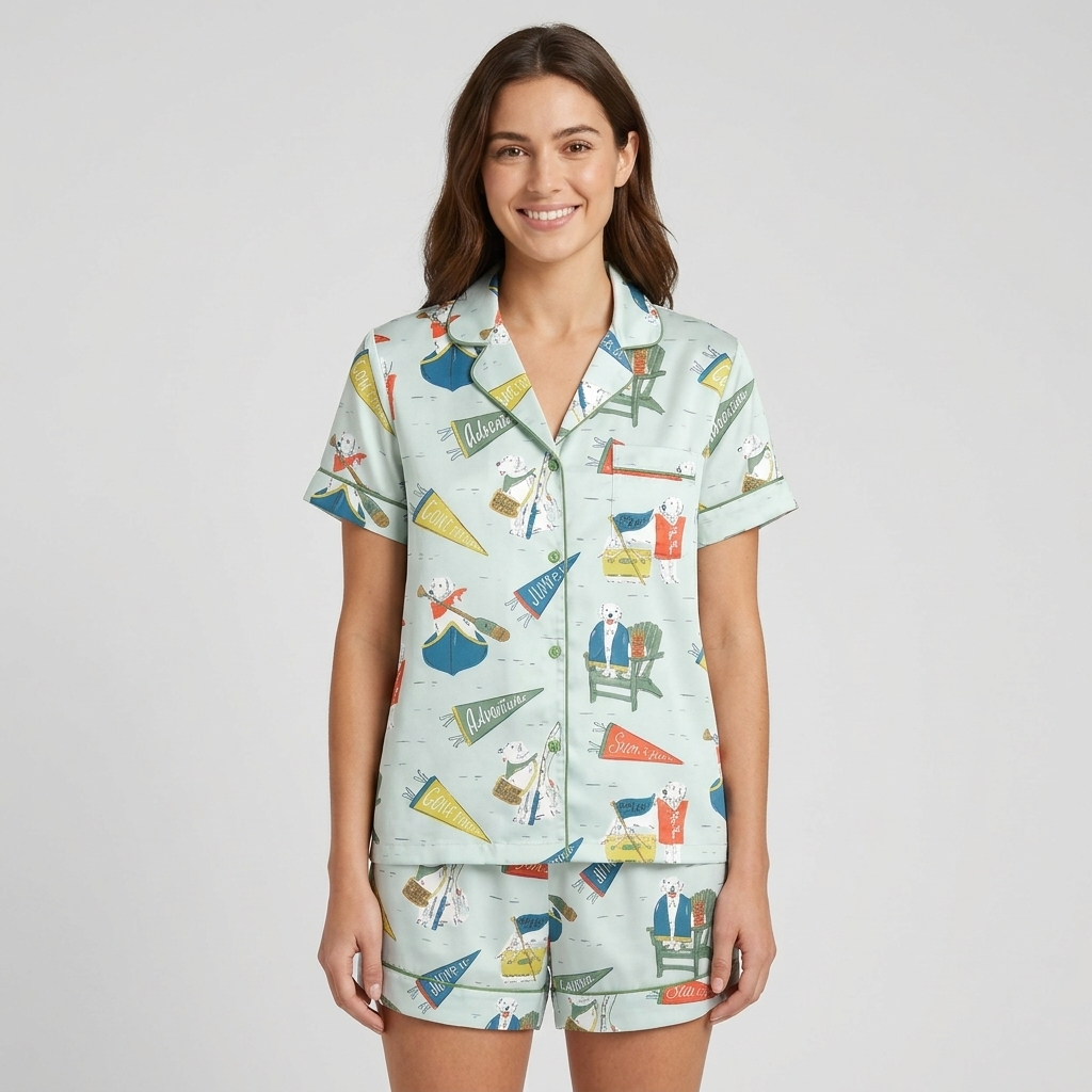 Women's satin pajama set with dogs in Adirondack chairs and canoes with fishing flags on mint green - short sleeve and shorts