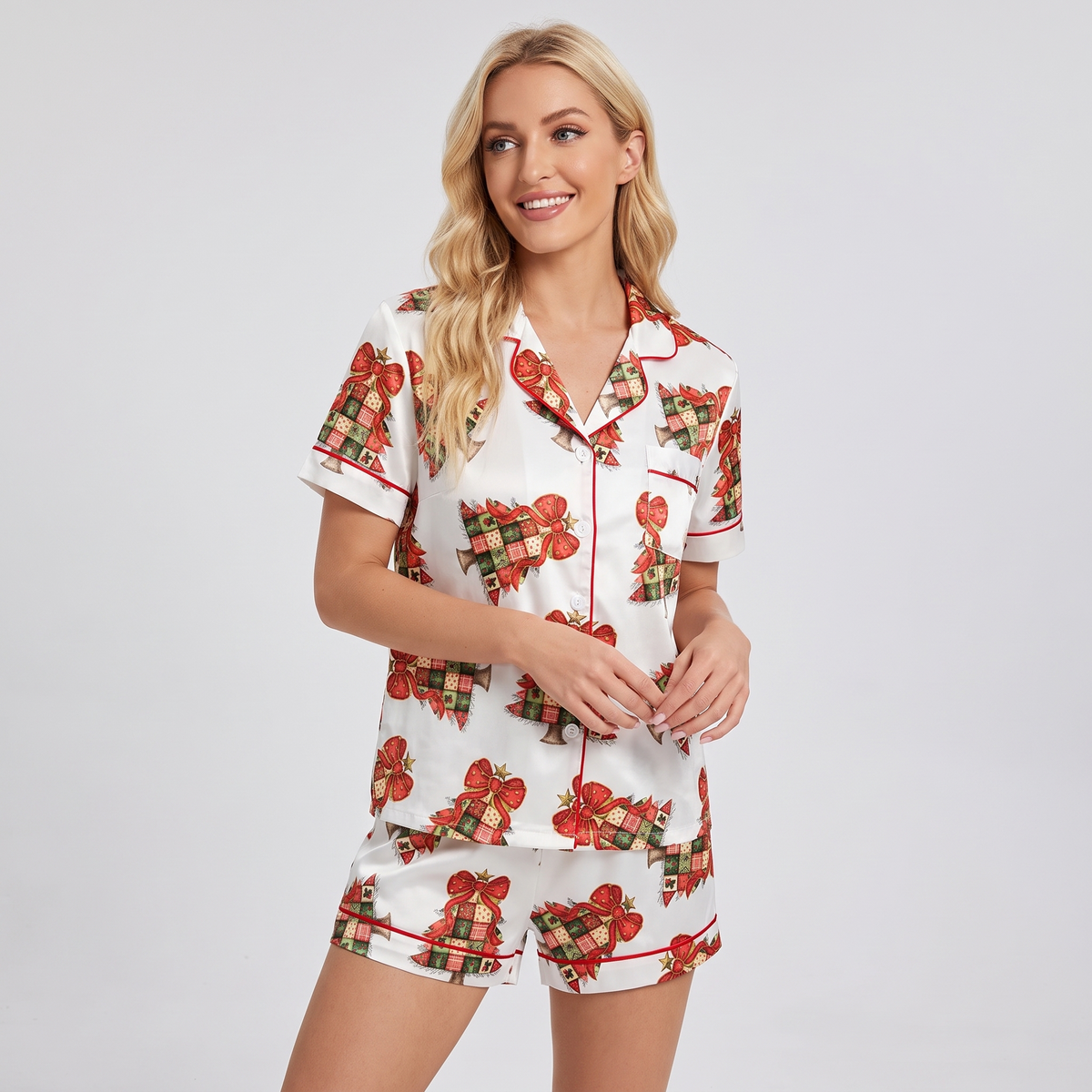 Patchwork Bow Trees Women's Pajama Set - short sleeve and shorts