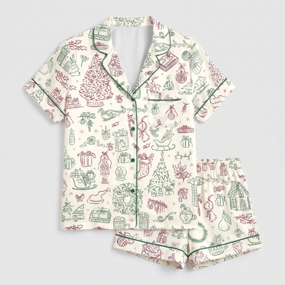 Sage Christmas Doodles Women's Pajama Set - flat lay