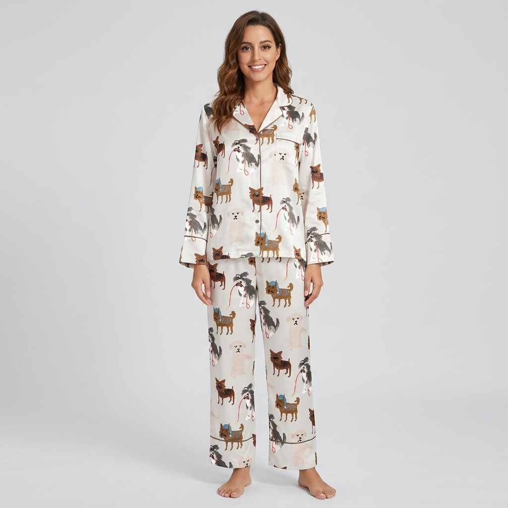 Women's satin pajama set with small dogs in knit caps and sweaters trailing red leashes on white - long sleeve and pants