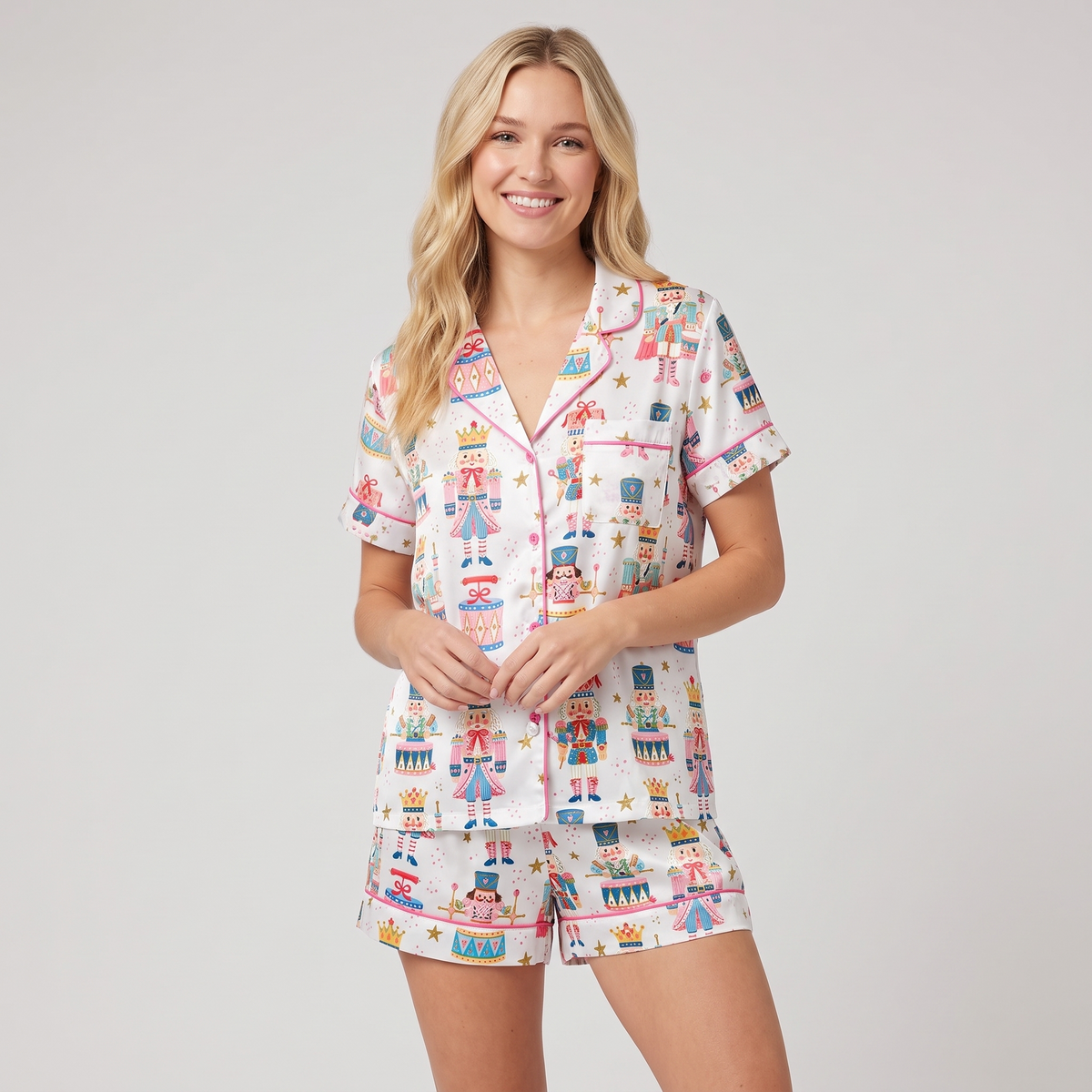 Candy Nutcracker Rows Women's Pajama Set - short sleeve and shorts