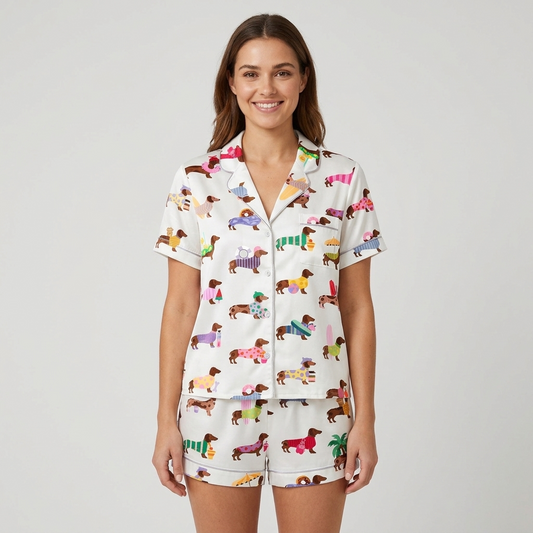 Women's satin pajama set with dachshunds in sweaters, palm trees and ice cream cones on white - short sleeve and shorts