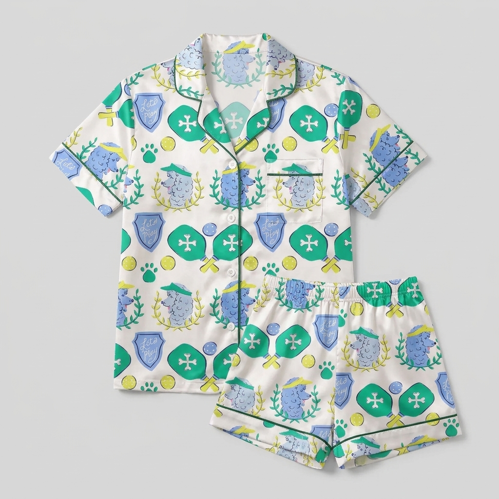 Women's satin pajama set with blue poodles with pickleball paddles and visors on cream - flat lay