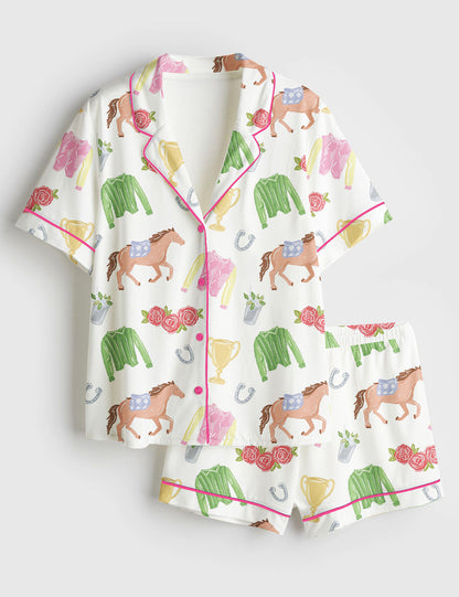 Pastel Silks Rosy Horses Women's Pajama Set - flat lay